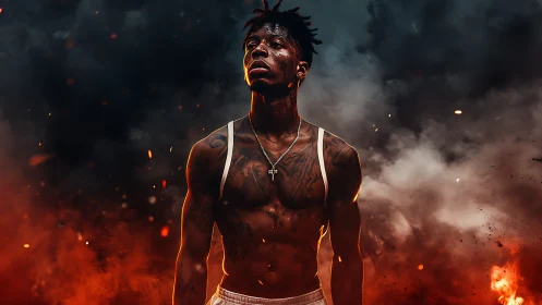 Shirtless athlete in fiery cinematic smoke environment.