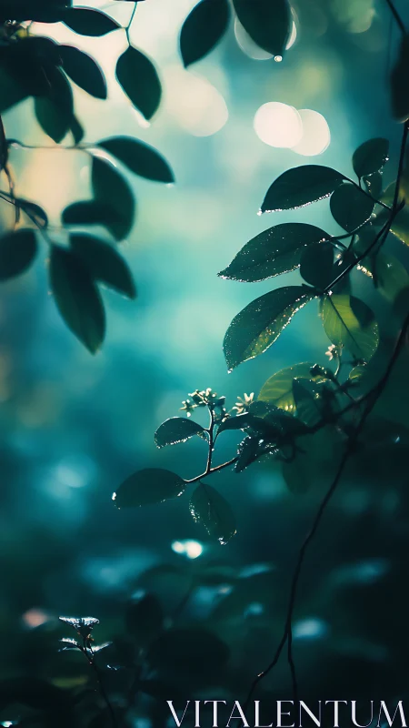 Dewlit forest leaves against teal bokeh twilight backdrop.