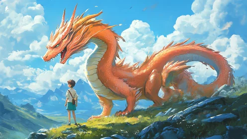 Boy confronts towering orange dragon on sunlit mountain ridge