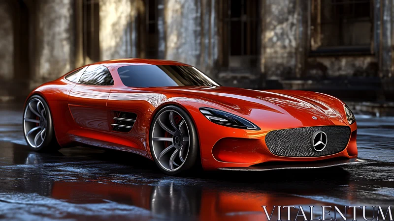 Red Mercedes sports coupe reflects wet urban courtyard