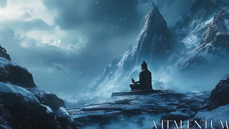 Solitary monk meditating in frozen high mountain pass.