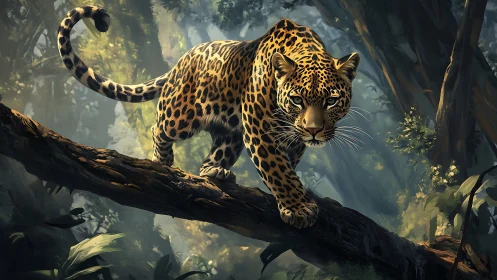 Leopard Stalking Through Misty Forest Canopy.