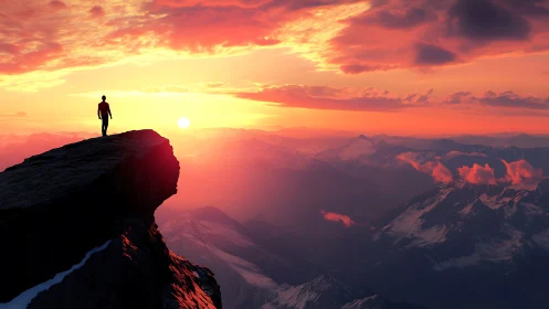 Silhouetted figure surveys volumetric-lit mountains at radiant sunset