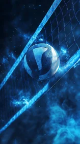 Glowing blue volleyball soaring through a net of bright sparks.