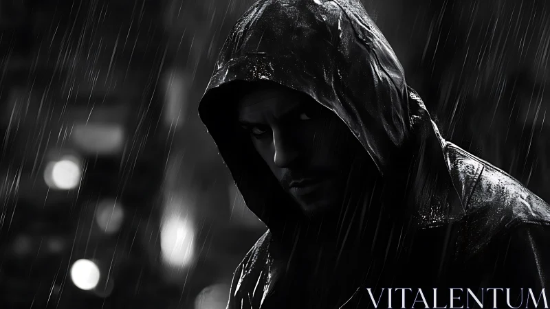 Hooded figure in rain with high-contrast cinematic lighting.