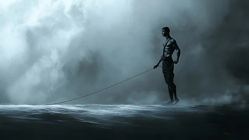 Solitary warrior poised above turbulent mist in monochrome digital painting