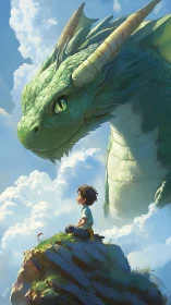 Sky-top boy and emerald dragon share a quiet, cloudlit pact.