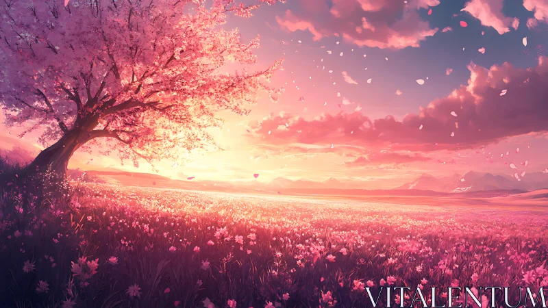 Blossom meadow sunset under glowing pink sky panorama.
