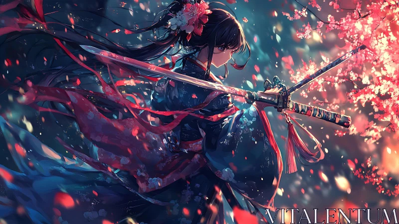Blade dancer amid luminous cherry blossom storm at dusk.