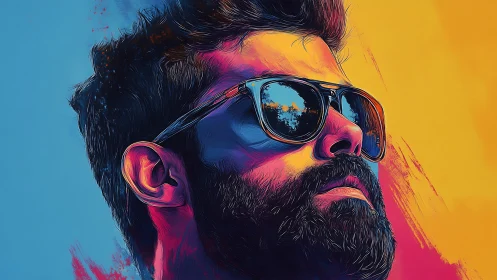 Portrait of bearded man in sunglasses against split colors.