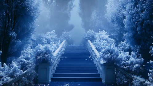Spectral blue stairway ascending through volumetric mist.