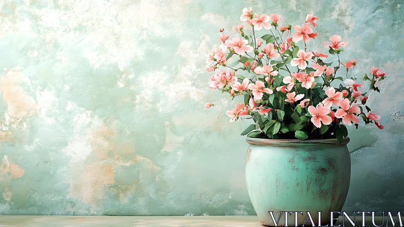 Coral Blooms Dance in Weathered Mint Elegance. Botanical Still Life.