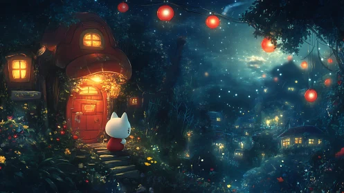 Little moonlit wanderer outside a glowing forest doorstep.