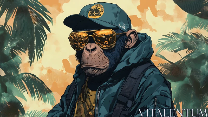 Stylized monkey portrait in streetwear and reflective shades.