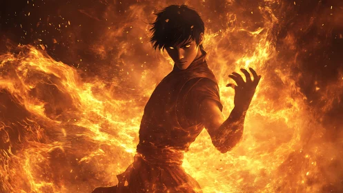 Fire-wielding anime warrior commands swirling inferno flames.