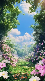 Sunlit flower path leading into a peaceful secret garden.