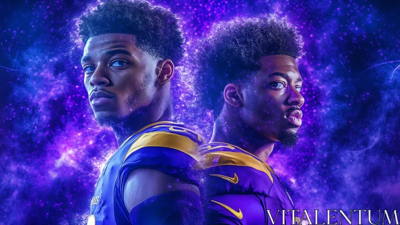 Dual football portraits in electric purple nebula glow.