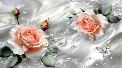 Coral Garden Roses with Volumetric Light and Butterflies.