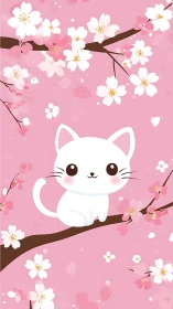 Minimalist kawaii white cat on cherry blossom branch illustration