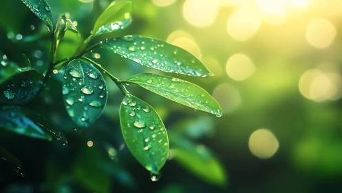Rain-kissed green leaves catch morning backlight softly