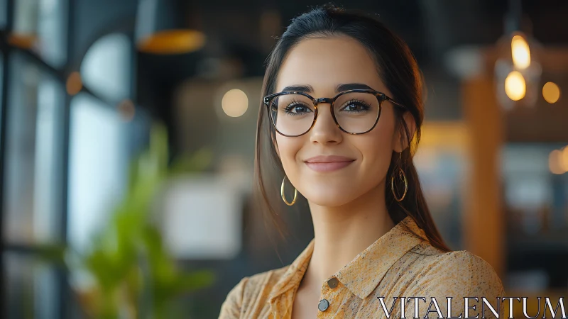 Confident young woman with glasses in modern cozy cafe setting.