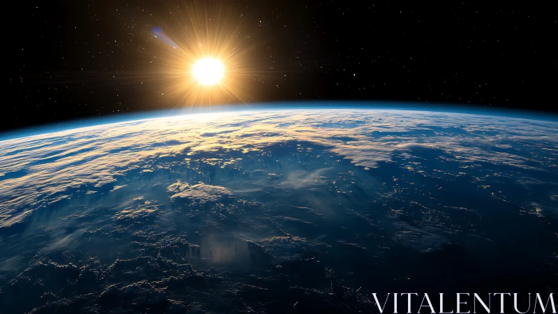 Sunrise over Earth&rsquo;s curved horizon from outer space.