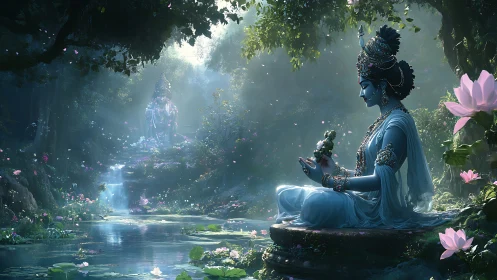 Divine blue deity meditates beside luminous lotus river
