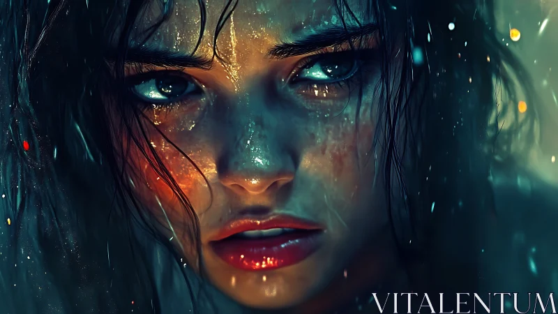 Close-up digital portrait of wet face with water droplets.