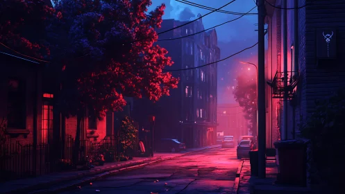 Urban side street under magenta and blue artificial light.