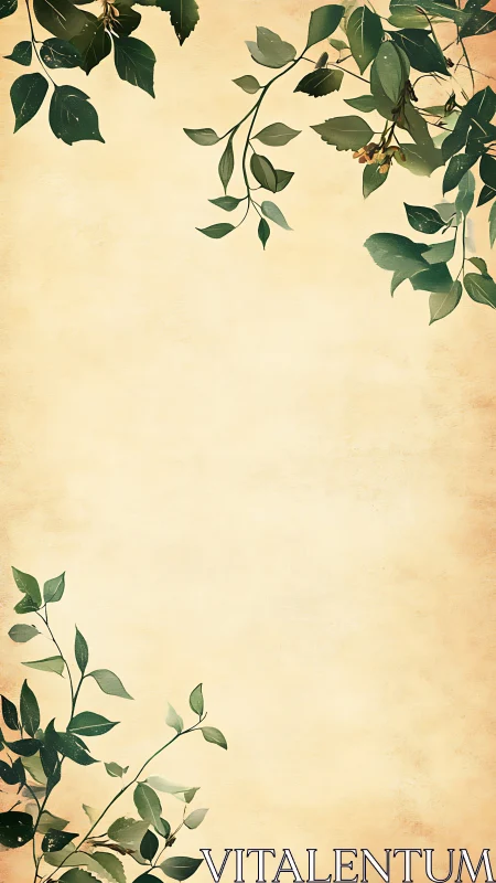 Vertical beige background with green leafy border elements.