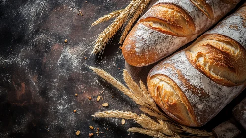 Artisanal Bread with Wheat on Dark Surface.