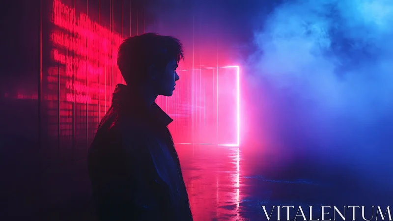 Silhouette watches neon portal in misty cyber corridor.