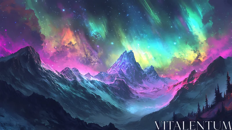 Aurora-drenched peaks glow under a vibrant cosmic night sky