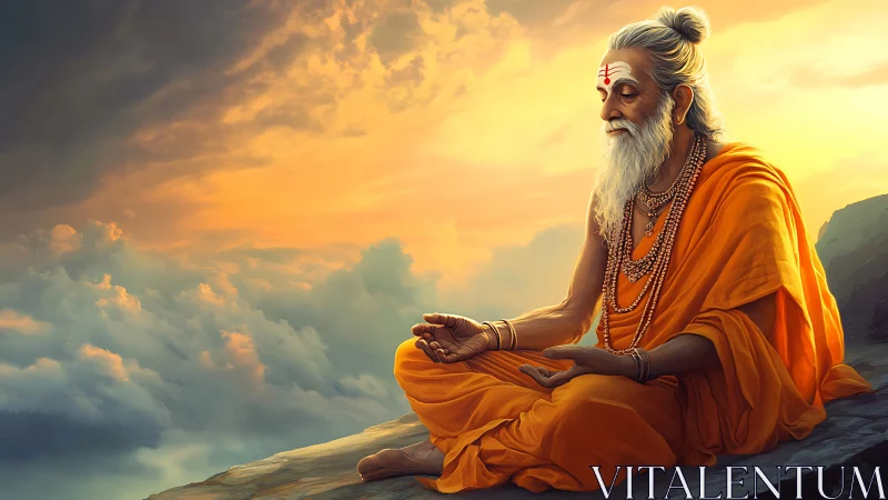 Mountain sage meditating in radiant golden sunset light.