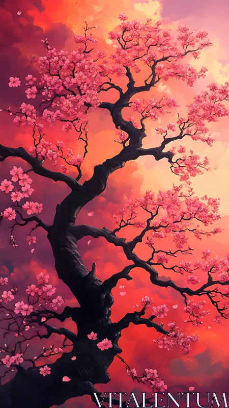 Skybound blossom tree dreaming in molten sunset light.