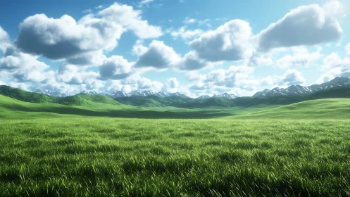 Wide green valley under bright sky and distant mountains.