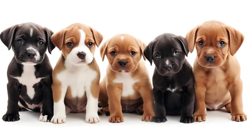Row of mixed brown and black puppies on white studio backdrop