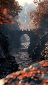 Stone arch bridge spans autumn gorge under soft haze.