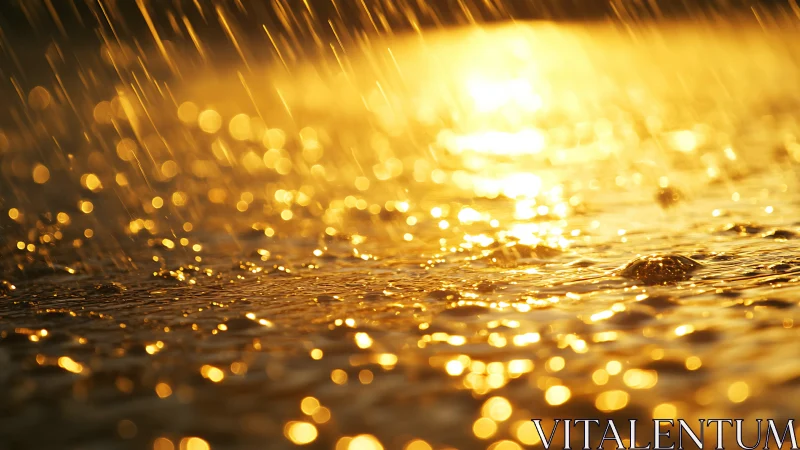Golden rainshower sparkles over water in glowing sunset light.