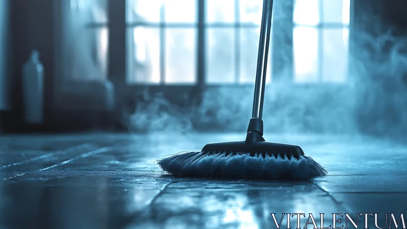 Steam mop head contacts reflective tiled floor surface