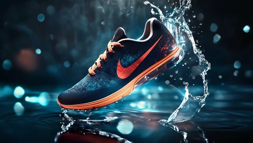 Dynamic running shoe splashes through water in neon glow.