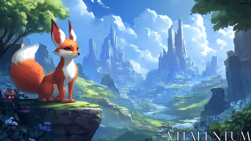 Fox sentinel surveys luminous fantasy valley under vast skies.