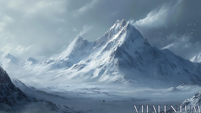 Silent snowcapped mountain peaks rise over a vast frozen valley