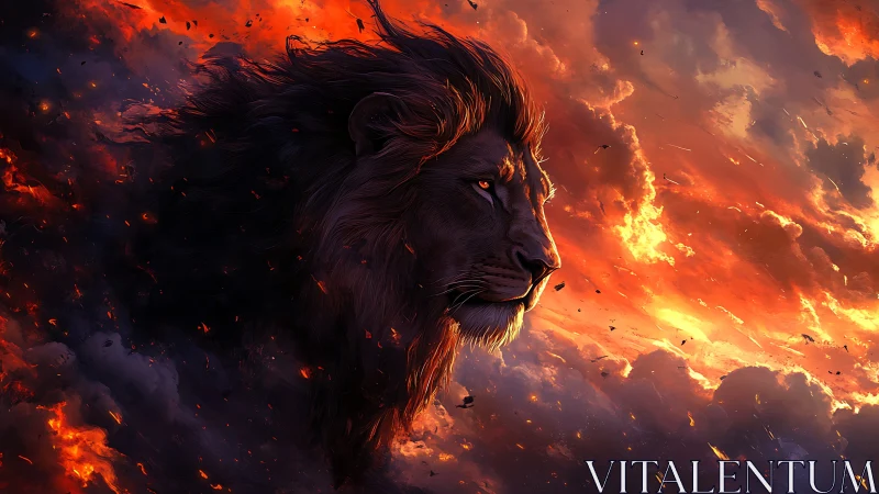 Majestic lion profile emerging from turbulent fiery clouds
