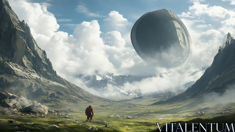 Lone explorer confronts colossal alien sphere in misty valley