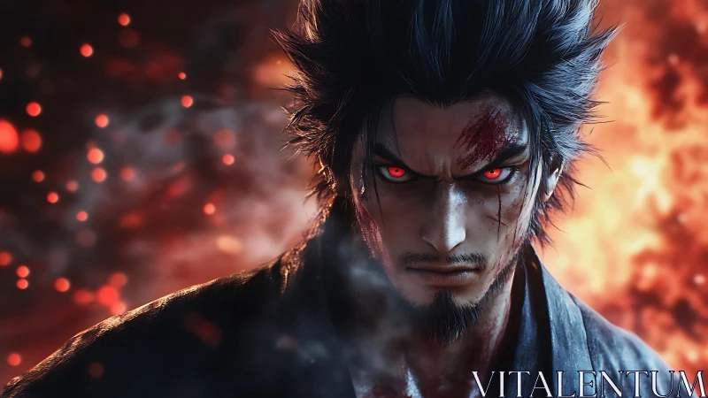 Volatile crimson-eyed warrior amid combustion plume backdrop.