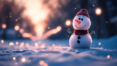 Smiling snowman glows under winter lights at dusk