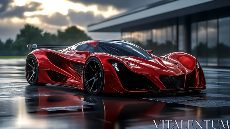 Dramatic red hypercar gleams on a wet track at sunset