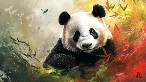 Highly detailed panda portrait within abstract bamboo foliage field