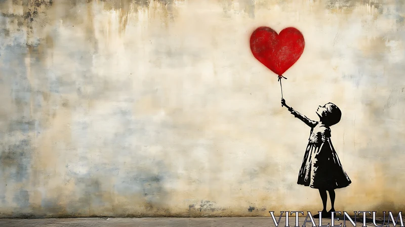 Child silhouette holding red heart balloon against weathered wall.